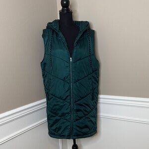 Zella Women’s Dark Teal Hooded Long Quilted Vest, size medium